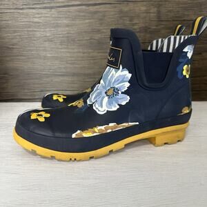 Joules Wellibob Rain Boots Women Size 9 US Navy Blue Yellow Floral Ankle Preppy